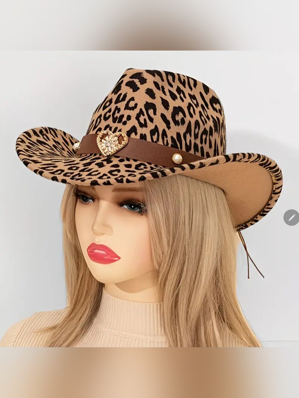 Leopard Print Cowboy Hat with Brown Studded Band and Heart Accent - Picture 3 of 6